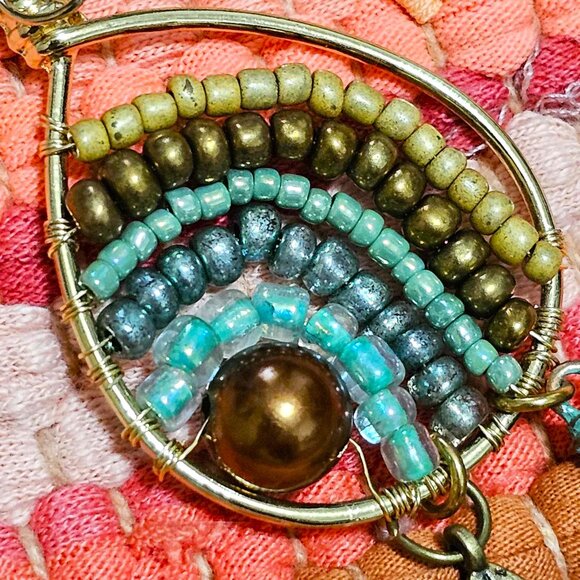 Artisan Hand Crafted Earrings Gold Teardrop Hoop Aqua Beige Brown Beaded Pierced - Picture 5 of 9